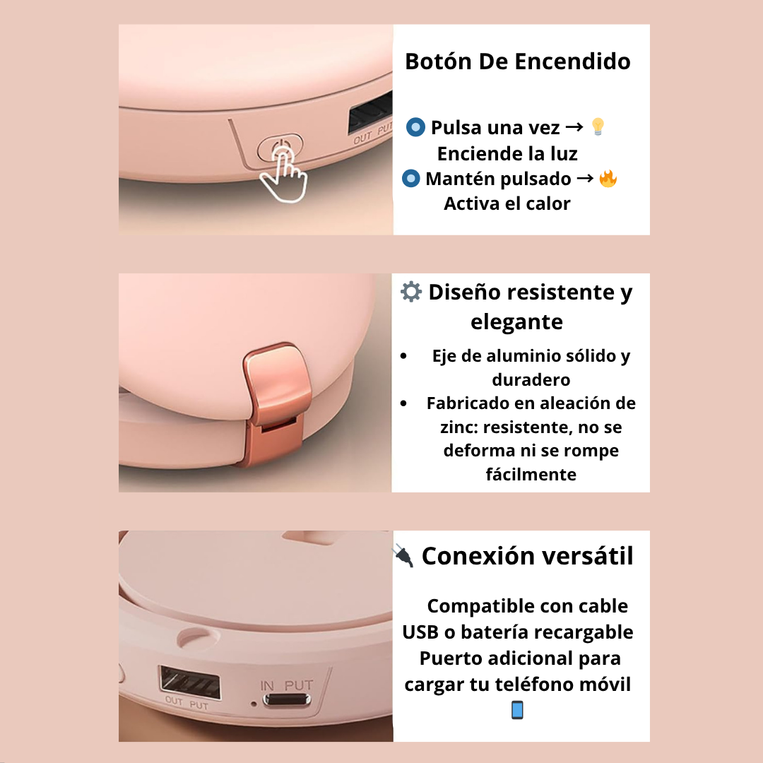 Espejo LED Beauty 3-en-1 con Calentador de Manos y Cargador Integrado