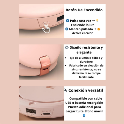 Espejo LED Beauty 3-en-1 con Calentador de Manos y Cargador Integrado